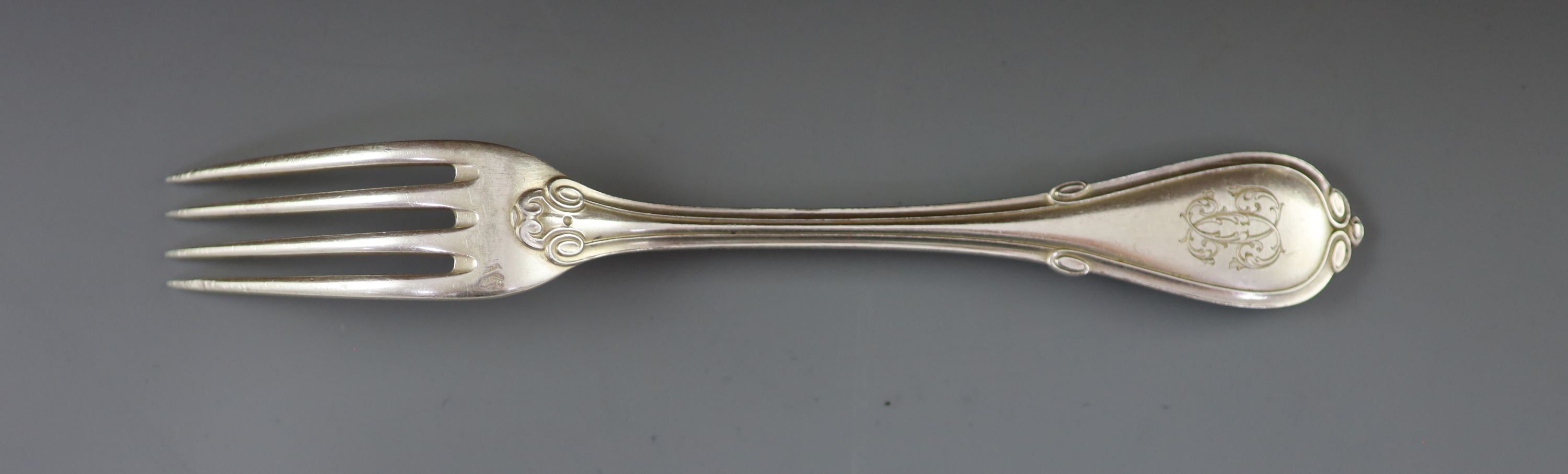 A late 19th century French canteen of silver 950 standard cutlery, in a brass mounted oak canteen, by Prevost Recipon & Cie (Maison Odiot)